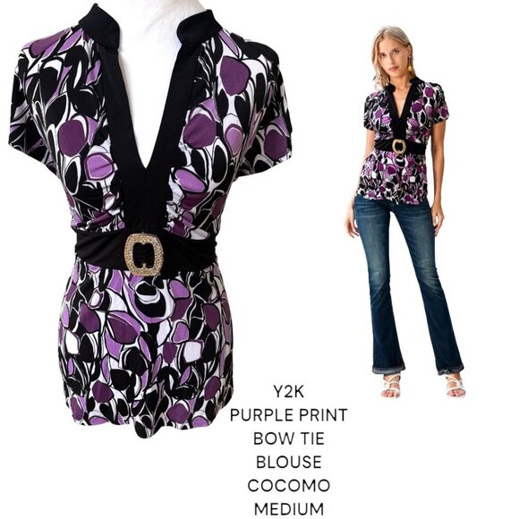 Y2K VINTAGE BELTED BOW TIE PURPLE GRAPHIC COCOMO BLOUSE TOP MEDIUM - Picture 1 of 3